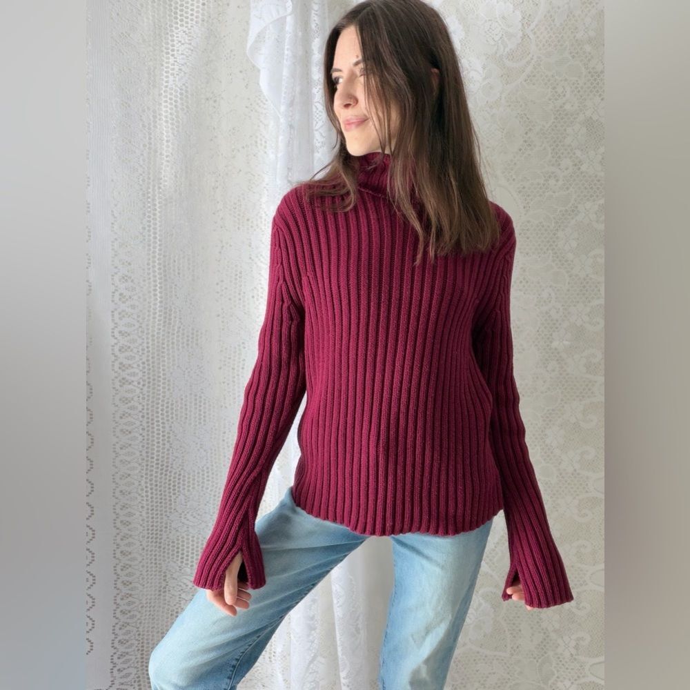 Vintage Mossimo Magenta Ribbed Knit Turtleneck Sweater Stretchy XL